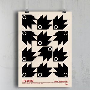 May include: A minimalist black and white poster design for the film "The Birds" by Alfred Hitchcock. The poster features a geometric pattern of black birds with white circles for eyes.