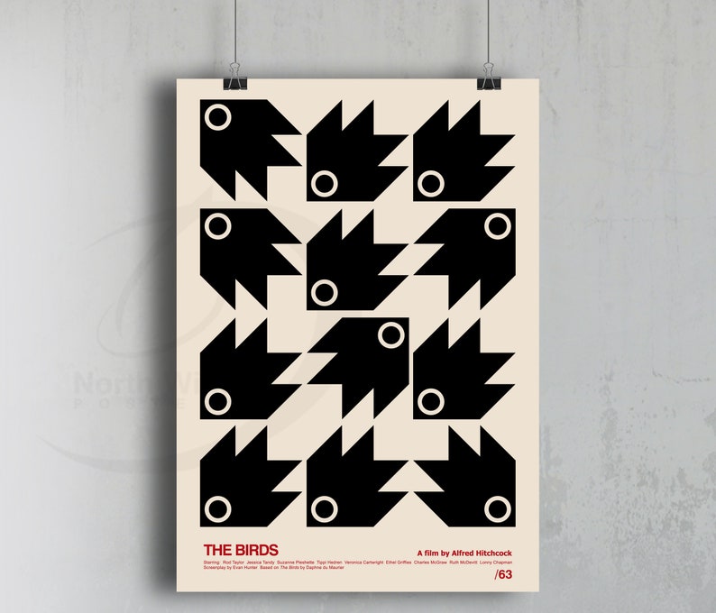 May include: A minimalist black and white poster design for the film "The Birds" by Alfred Hitchcock. The poster features a geometric pattern of black birds with white circles for eyes.