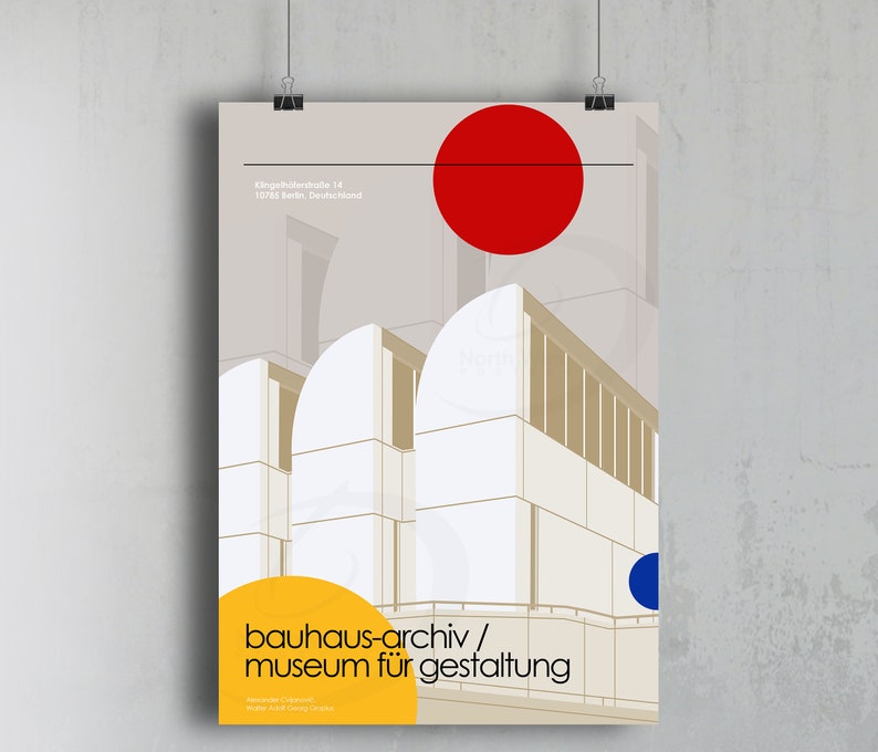 May include: A minimalist poster with a white, beige, and brown geometric design of a building. The poster has a red circle in the top right corner and the text "bauhaus-archiv/ museum f&uuml;r gestaltung" in yellow at the bottom. The text "Altenh&ouml;ferstra&szlig;e 14, 10785 Berlin, Deutschland" is in small black text in the top left corner.