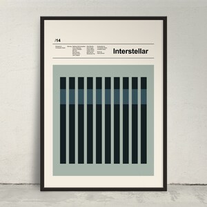 May include: A minimalist poster with a black frame and a light green background. The poster features a graphic design of 10 vertical black bars with a blue bar at the top of each. The text "Interstellar" is in black at the top of the poster. The text "1/14" is in black at the top left corner of the poster.
