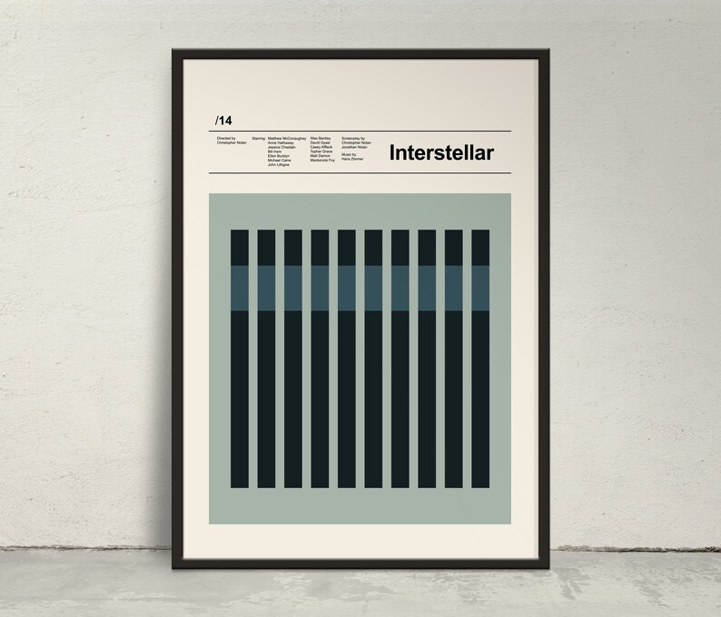 May include: A minimalist poster with a black frame and a light green background. The poster features a graphic design of 10 vertical black bars with a blue bar at the top of each. The text "Interstellar" is in black at the top of the poster. The text "1/14" is in black at the top left corner of the poster.