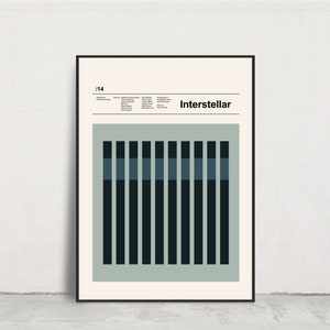 May include: A minimalist poster with a light green background and black and blue vertical bars. The poster has the text "Interstellar" in black at the top.