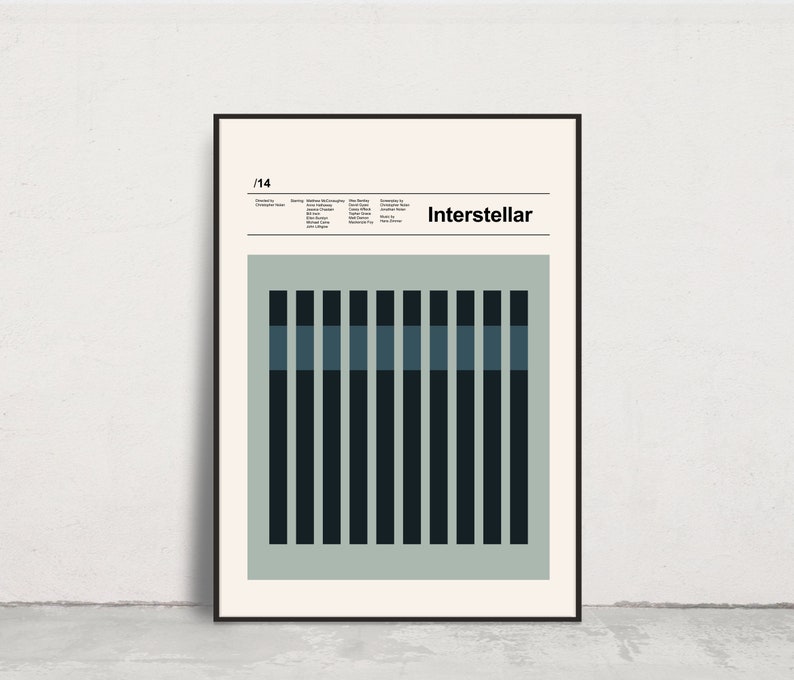 May include: A minimalist poster with a light green background and black and blue vertical bars. The poster has the text "Interstellar" in black at the top.