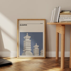 Poster van de Algarve, Portugal, reisposter uit het midden van de eeuw, schoorstenen van de Algarve, vintage, reisposter.