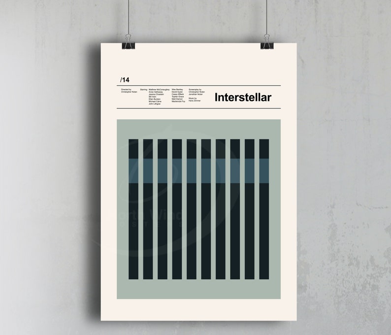 May include: A minimalist poster with the title "Interstellar" in black text. The poster features a geometric design of 14 vertical black and blue bars on a light green background.