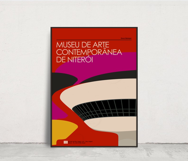 May include: A red, yellow, black, and white poster with a graphic illustration of the Museu de Arte Contempor&acirc;nea de Niter&oacute;i, a modern art museum in Rio de Janeiro, Brazil. The poster features the text "Museu de Arte Contempor&acirc;nea de Niter&oacute;i" in black.