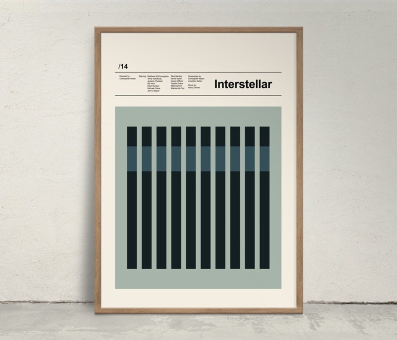 May include: A minimalist poster with a light blue and dark green colour scheme. The poster features a graphic of vertical bars and the text "Interstellar" in white.