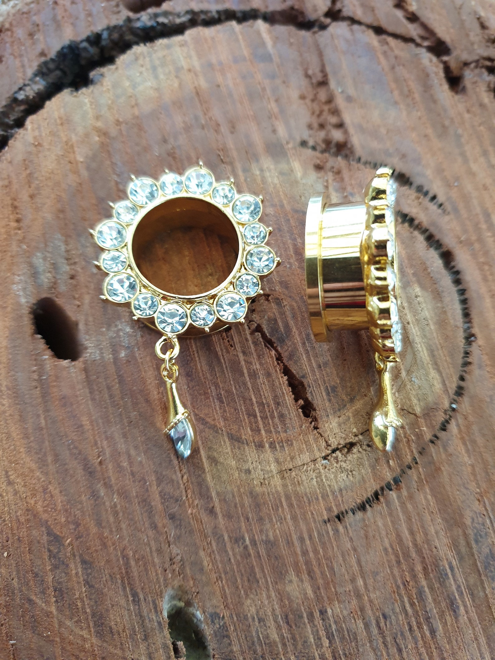 Pair of DANGLE GOLD CLEAR Gem Stainless Steel Ear Tunnels Etsy