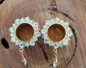 Pair of DANGLE GOLD CLEAR Gem Stainless Steel Ear Tunnels Piercing Jewellery TU141