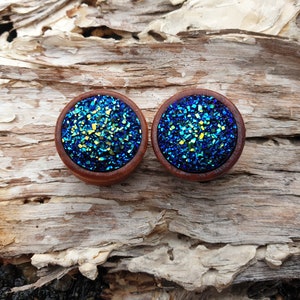 Pair of BLUE GLITTER Wooden Ear Plugs Piercing Jewellery Stretchers Tunnels Timber PL110