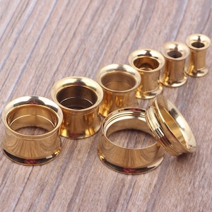 Pair of GOLD Steel Screw Ear Flesh Tunnels Piercing Stretchers Jewellery Flared TU96
