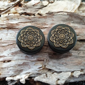 Paar ZWARTE HOUTEN BLOEM Oordopjes Brancards Sieraden Spacer Tunnelhout PL82