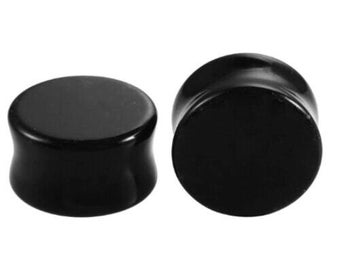 Pair of BLACK Glass Ear Plugs Piercing Tunnels Stretchers Jewellery Gauges PL208