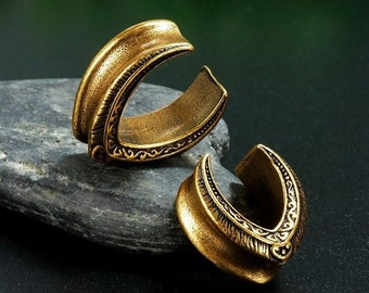 Pair of BRONZE AZTEC OVAL Ear Flesh Tunnels Piercing Stretcher Plug Flared TU211