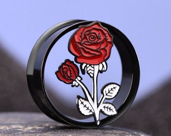 Pair or Red Rose Stem Ear Tunnels Piercing Jewellery Plugs Gauges Metal TU255