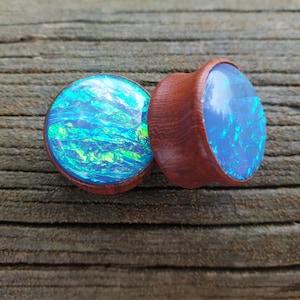Pair of TIMBER BLUE OPAL Pattern Ear Plugs Stretchers Jewellery Saddle Wood PL124