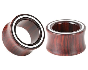 Pair of White Line Red Wooden Tunnels Piercing Jewellery Gauges TU235