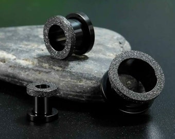 Pair of BLACK GLITTER Stainless Ear Tunnels Piercing Stretchers Plugs Jewellery TU200