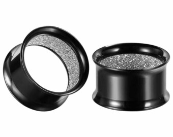 Pair of BLACK Silver Glitter Inner Metal Ear Flesh Tunnels Piercing Stretchers TU205