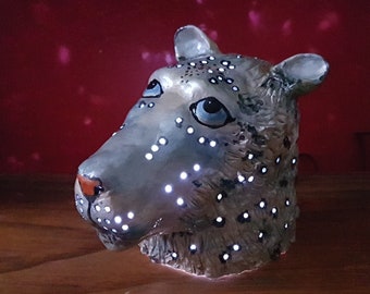 Snow Leopard Head Lamp Sculpture