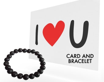 I Love You Card AND Genuine Black Lava Bracelet Set - Turn Key I Love You Gift