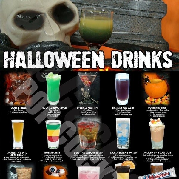 Printable Cocktail Halloween Poster and 100+ Halloween Party Drink Recipes Guide - 60poster.com