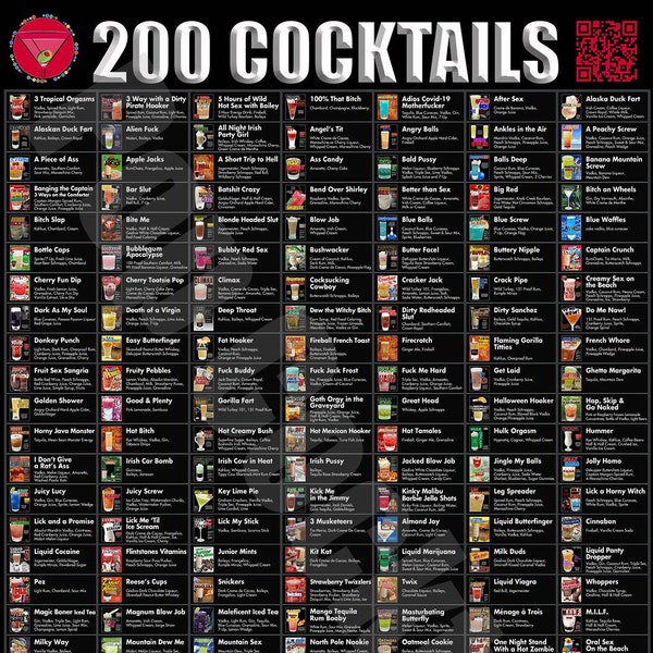 200 Drinks Cocktail QR Code Poster by Pop Cocktails - Cocktail Recipes Wall Decor wall art