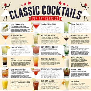 Cocktails Poster, Classic Cocktails Print, Drink Recipes, Cocktails Art, Cocktail Gifts, Drinks Guide, Cocktail Menu, Kitchen Poster image 1