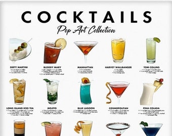 Bartender Drinks Poster, Classic Cocktail Recipes, Cocktail Art Print