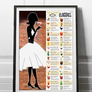 Puede incluir: Una ilustración en blanco y negro de una mujer con un vestido sosteniendo una copa de martini. El fondo es una pared de ladrillo con una lista de 30 cócteles clásicos y sus ingredientes. El título de la lista es "Pop et Cocktails 30 Clásicos".