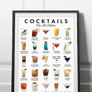 Arte de pared de cócteles, decoración de cócteles, póster de bebidas, decoración de pared de recetas de Pop Cocktails