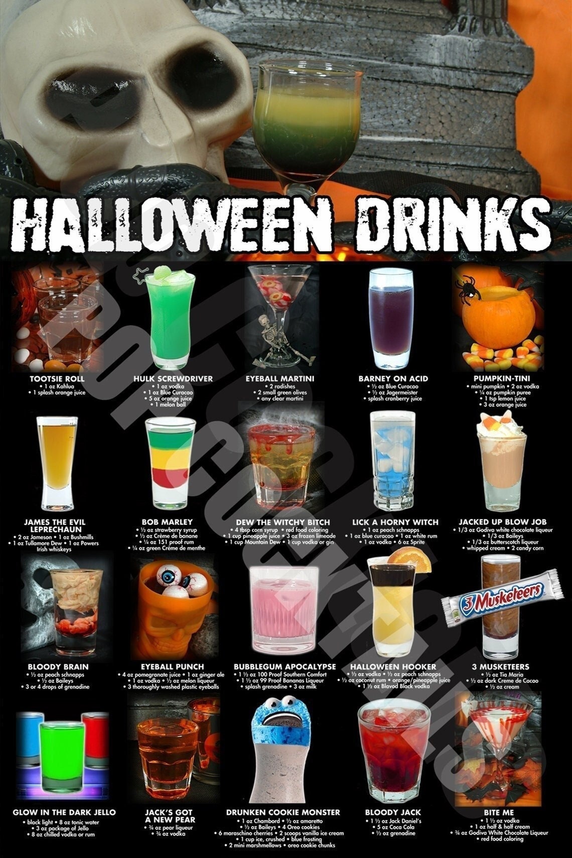 Printable Cocktail Halloween Poster and 100+ Halloween Party Drink Recipes Guide - 60poster.com