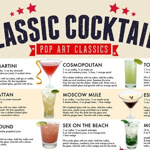 Cocktails Poster, Classic Cocktails Print, Drink Recipes, Cocktails Art, Cocktail Gifts, Drinks Guide, Cocktail Menu, Kitchen Poster image 2