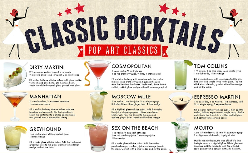 Cocktails Poster, Classic Cocktails Print, Drink Recipes, Cocktails Art, Cocktail Gifts, Drinks Guide, Cocktail Menu, Kitchen Poster image 2