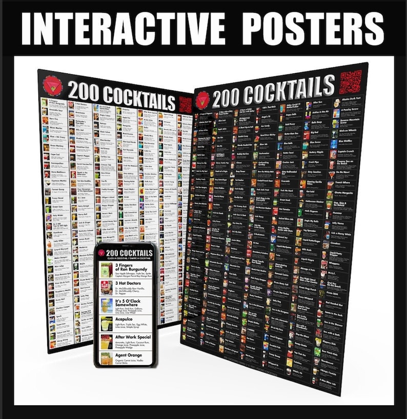 200 Drinks Cocktail QR Code Poster by Pop Cocktails Cocktail Recipes Wall Decor wall art image 2