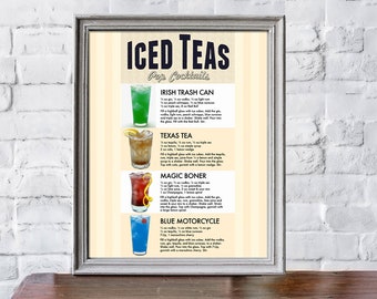 Iced Teas Bar Poster Wall Art, Irish Trash Can, Texas Tea, Magic Boner, Blue Motorcycle