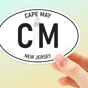 Cape May NJ Stickers, White Oval Cape May Bumper Stickers, New Jersey Decals for Hydroflask, Wildwood Jersey Shore Boardwalk Vinyl Decals