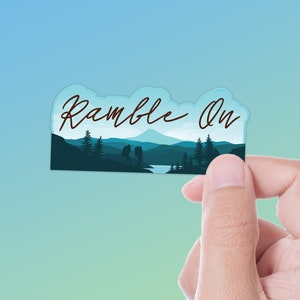 Sticker Ramble On Classic Rock Songtekst, Wanderlust Mountain Camping sticker voor Hydroflask, laptop, PNW Beach, woestijnlandschap natuur stickers
