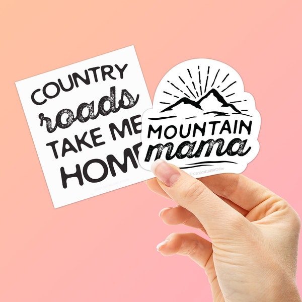 SET of 2 John Denver Country Roads Decals, Mountain Mama Stickers for Hydroflask, Cute Country Girl Bumper Stickers, West Virginia Decal