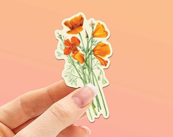 Mini California Poppy Sticker for Water Bottles - Cute Floral Cali Decals - Vintage Botanical Art Sticker for Tumblers & Laptops