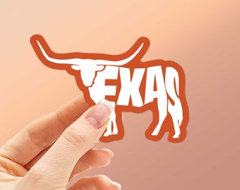 Texas Longhorn Bumper Sticker, TX Sticker for Hydroflask & Laptop, Lone Star State Rodeo Gift, Austin, Dallas, San Antonio, Houston Souvenir