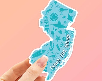 Blue Down the Shore NJ Sticker, NJ State Decal, Cute Jersey Shore Stickers for Hydroflask, Jersey Quotes, NJ Beaches Vinyl Decals for Laptop