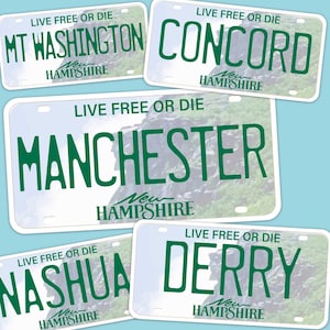 New Hampshire License Plate Stickers, Choose Your NH City Bumper Sticker - New England Decal for Hydroflask