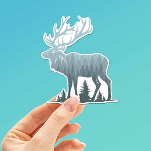 Mountain Forest Bull Elk Sticker - Pine Tree Animal Sticker for Hydroflask - Outdoor Hunting Bumper Stickers for Car