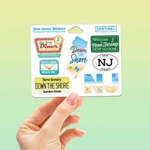Hoja de calcomanías de la costa de Nueva Jersey, juego de 7 minicalcomanías de NJ para botella de agua Hydroflask o computadora portátil: Down the Shore, Diner, Beach Tag y mapa del estado