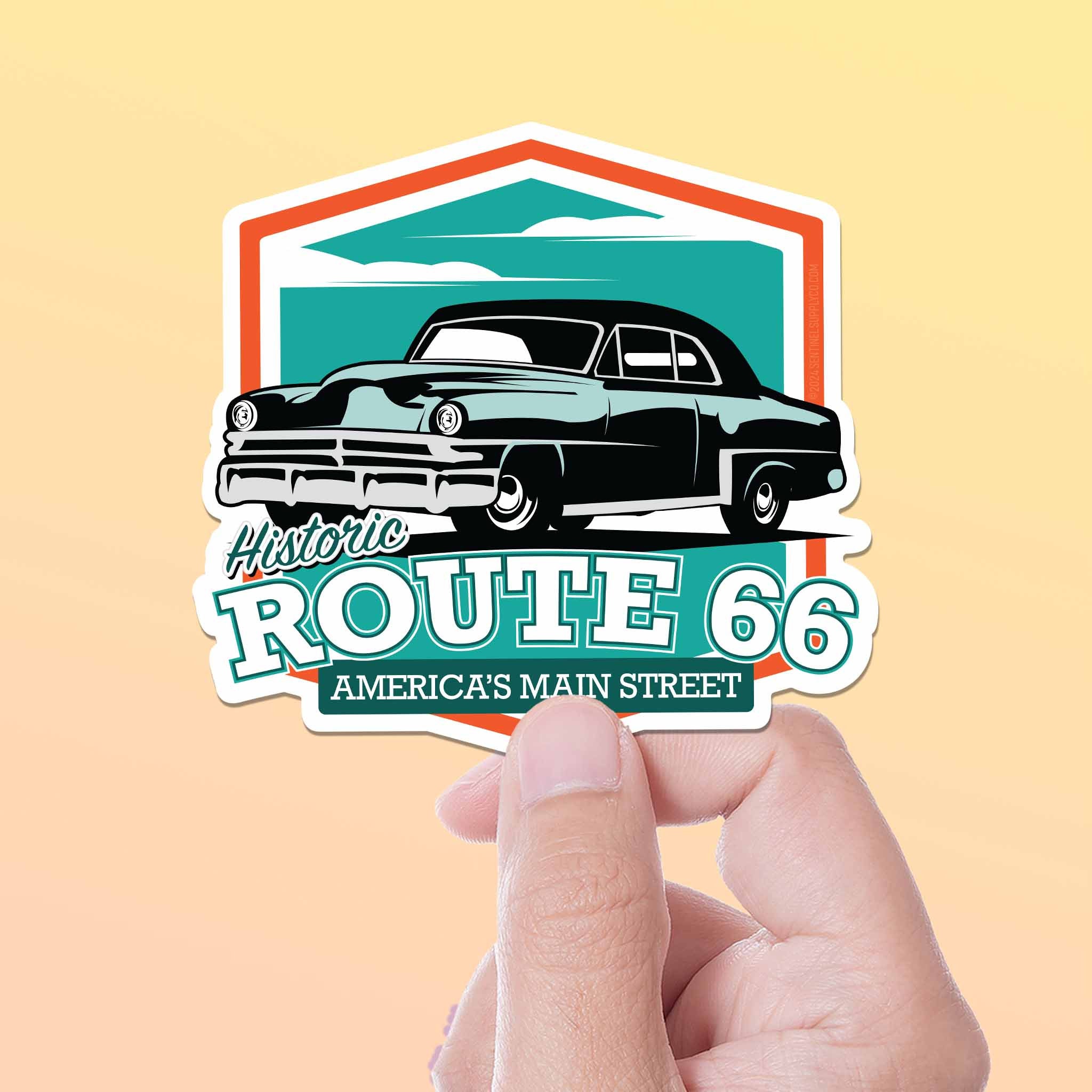 Classic Car Route 66 Bumper Sticker, Vintage Southwest Decal for Hydroflask, Retro Americana Road Trip Decal