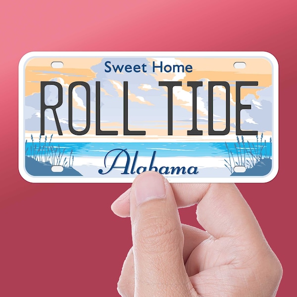 Roll Tide Alabama License Plate Sticker, Bama Bumper Sticker for Car, Crimson Tide Football Decal for Hydroflask, Tuscaloosa AL Gift