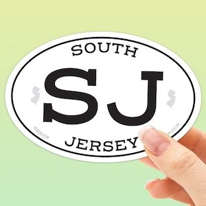 South Jersey Stickers - NJ White Oval Sticker - East Coast, Jersey Shore, South Jersey Decals for Laptop, 3&quot; or 4&quot; Wide - SJ Bumper Stickers