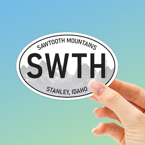 Sawtooth Mountains Idaho White Oval Stickers for Hydroflask, Laptop, RV - Sawtooths Decal - Stanley, Ketchum, Sun Valley ID Bumper Stickers