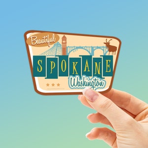 Spokane Sticker, Spokane WA Bumper Stickers, Eastern Washington Decals for Hydroflask, Riverfront Park Garbage Goat, Retro Spokane Skyline